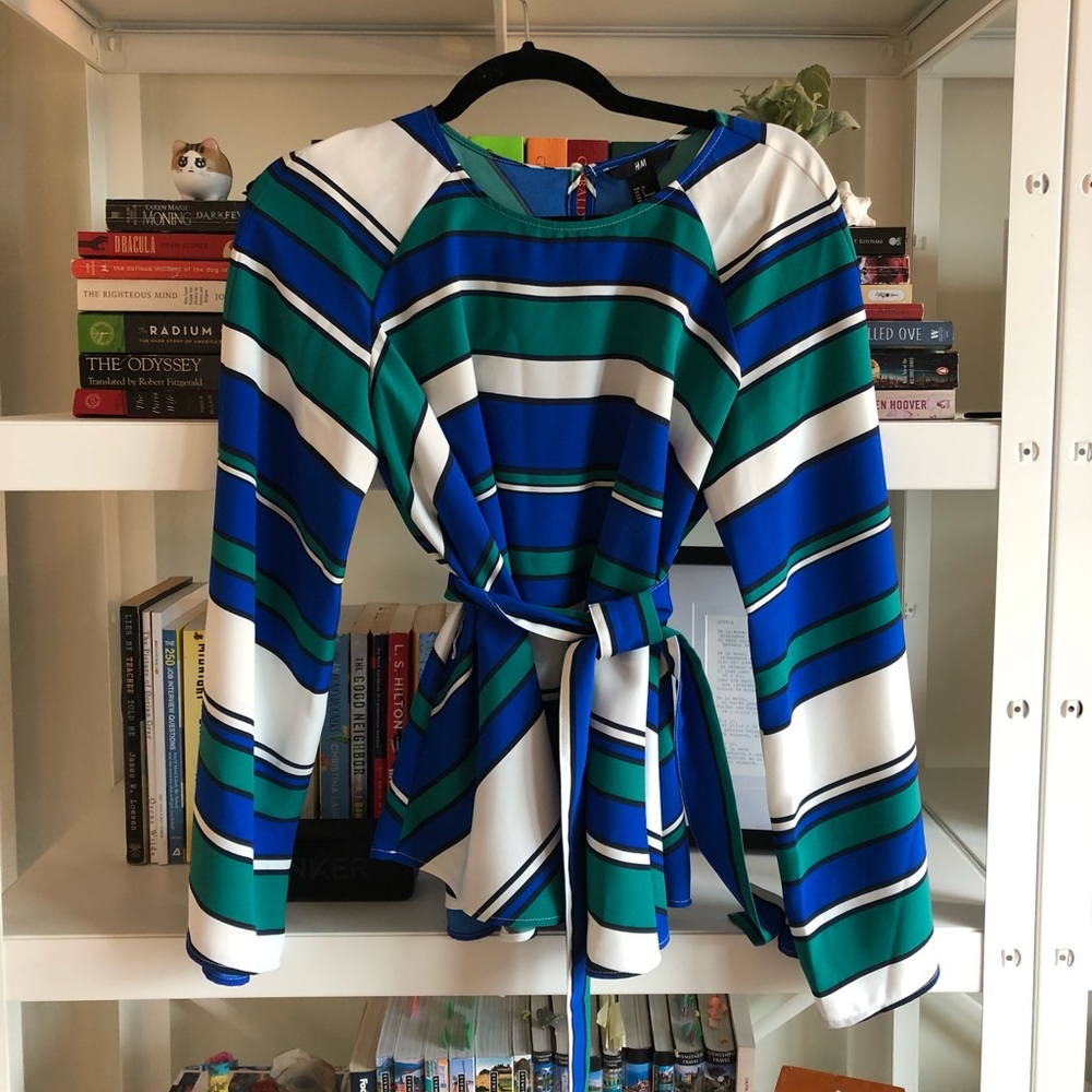 H&M Belted Blue Green Peplum Blouse Sz 6